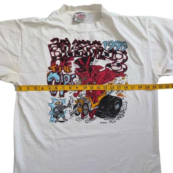 Vintage Oneita Power T Shirt Men Large White 1995 Blessing of the Cars Rat Fink - Picture 6 of 8